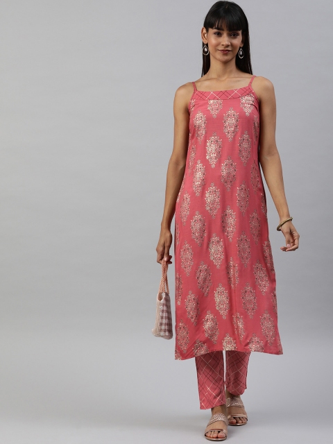 

Anouk Women Rust Pink & Gold-Toned Foil Printed Kurta with Trousers