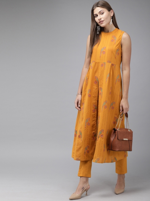 

Anouk Women Mustard & Green Printed Kurta with Trousers