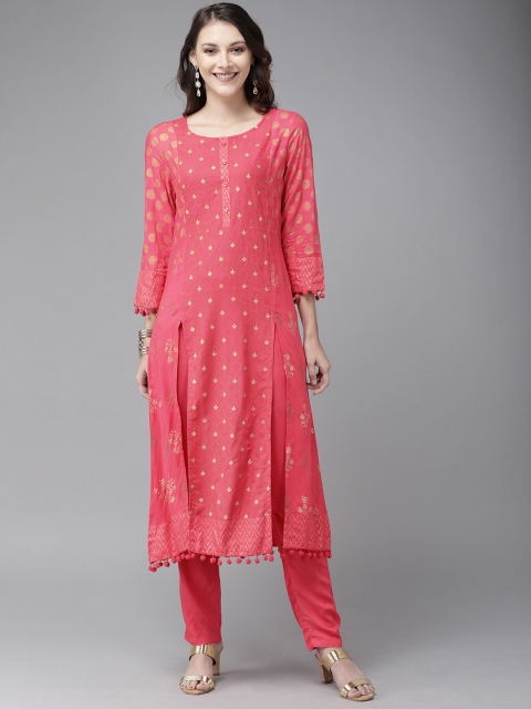 

Anouk Women Pink & Cream-Coloured Printed Front Slit Kurta with Trousers