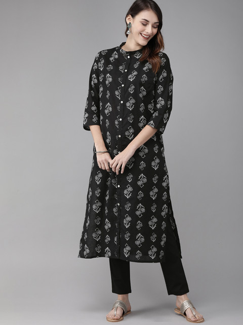 

Anouk Women Black & White Printed Kurta with Trousers
