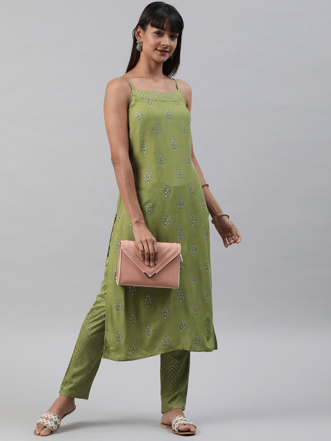 

Anouk Women Green & White Printed Kurta with Trousers