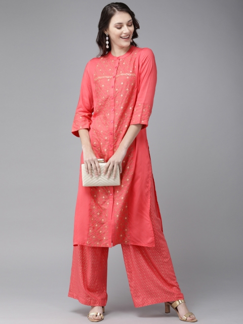 

Anouk Women Pink & Cream-Coloured Printed Kurta with Palazzos