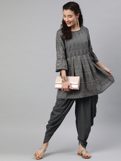 

Anouk Women Grey & Khaki Printed Stylish Back Kurta with Dhoti Pants