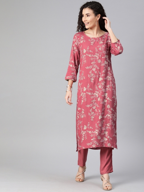 

Anouk Women Pink & Cream-Coloured Printed Kurta with Trousers