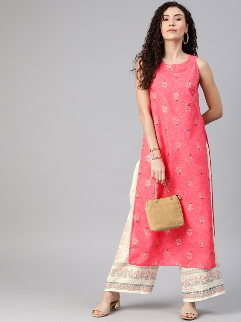 

Anouk Women Pink & Off-White Printed Kurta with Palazzos