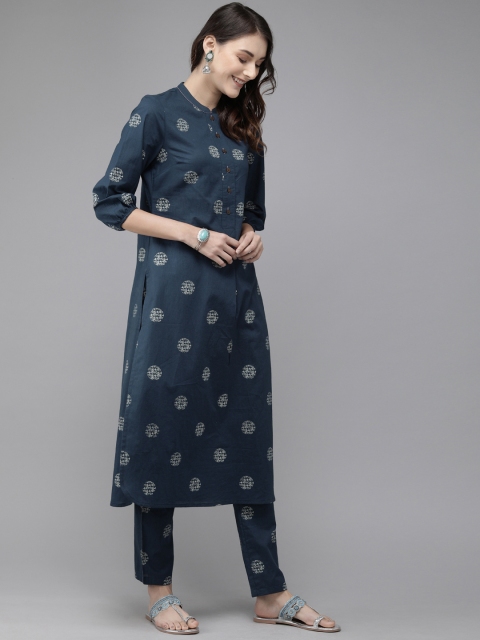 

Anouk Women Navy Blue Printed Kurta with Trousers