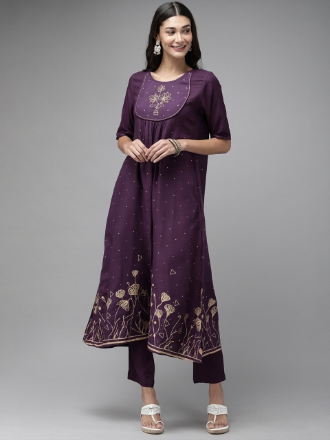

Anouk Women Purple & Beige Embroidered Kurta with Trousers