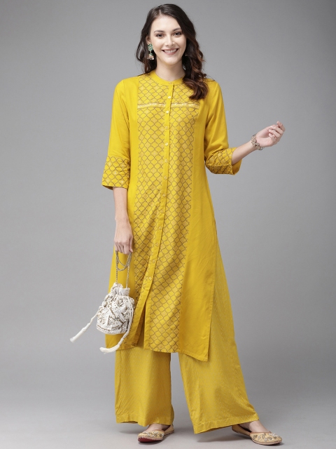 

Anouk Women Yellow & Gold-Toned Printed Kurta with Palazzos