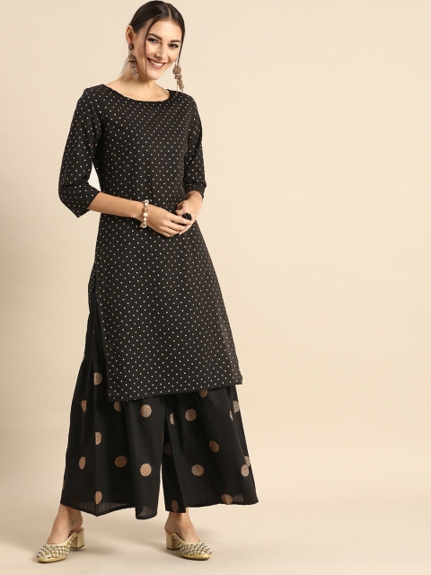

Anouk Women Black & Gold-Toned Printed Kurta with Sharara
