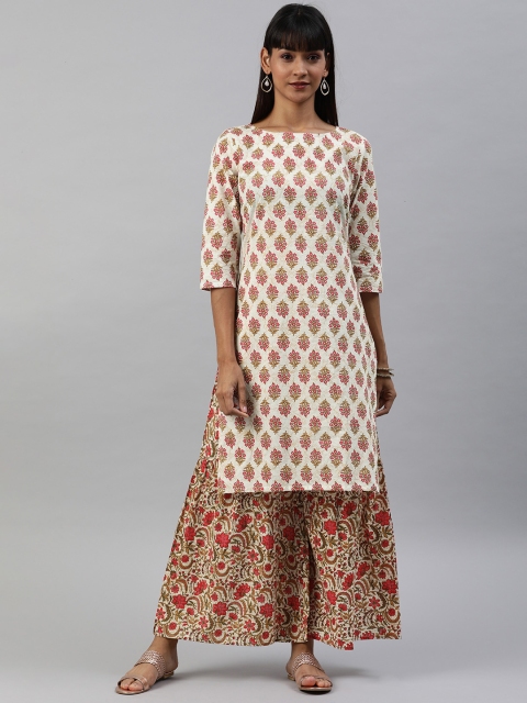 

Anouk Women Off-White & Pink Floral Printed Kurta with Palazzos