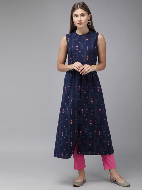 

Anouk Women Navy Blue & Pink Printed Kurta with Trousers