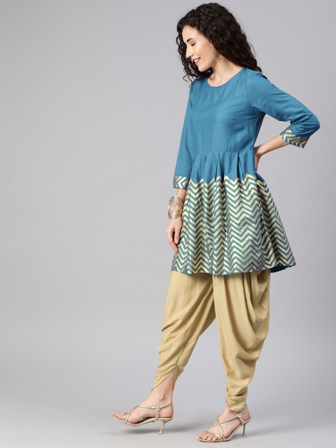 

Anouk Women Teal Blue & Gold-Toned Foil Printed Kurta with Dhoti Pants