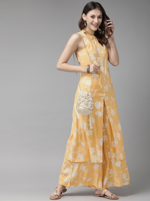 

Anouk Women Peach-Coloured & White Floral Printed Kurta with Palazzos