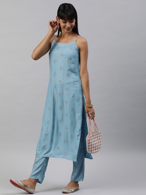 

Anouk Women Blue & White Printed Kurta with Trousers