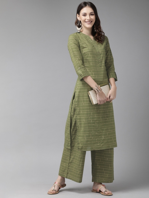 

Anouk Women Olive Green & Yellow Printed Kurta with Palazzos