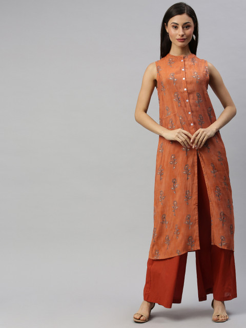

Anouk Women Rust Orange & Grey Floral Printed Kurta with Palazzos