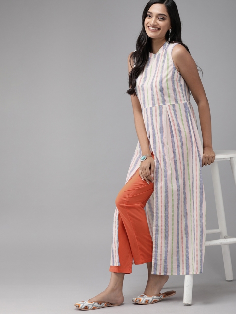 

Anouk Women White & Orange Striped Kurta with Trousers