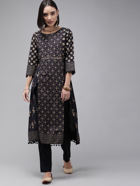 

Anouk Women Navy Blue & Gold-Toned Printed Kurta with Trousers
