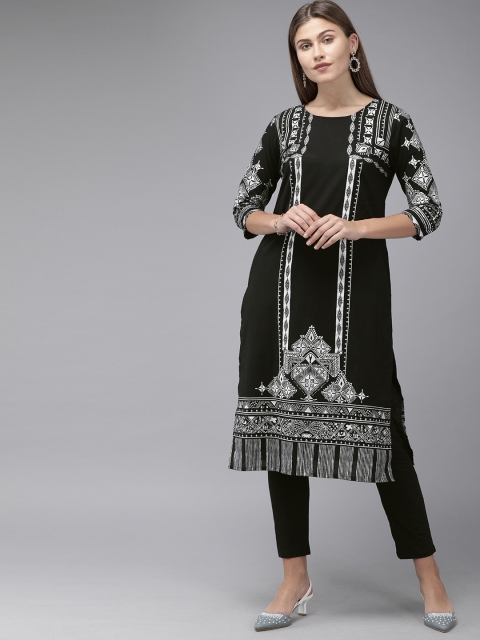 

Anouk Women Black & White Printed Kurta with Trousers