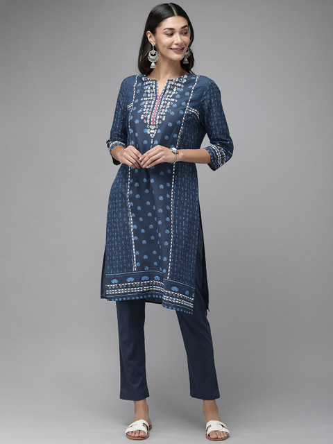 

Anouk Women Navy Blue Printed Kurta with Trousers