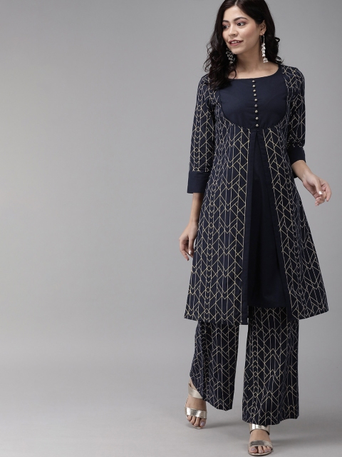 

Anouk Women Navy Blue & Gold-Coloured Printed Kurta with Palazzos