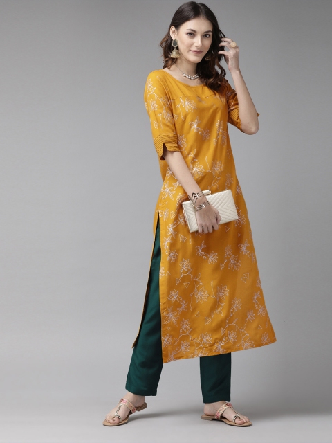 

Anouk Women Mustard Yellow & Green Floral Printed Kurta with Trousers
