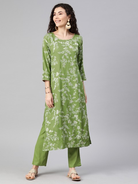 

Anouk Women Green & White Printed Kurta with Trousers