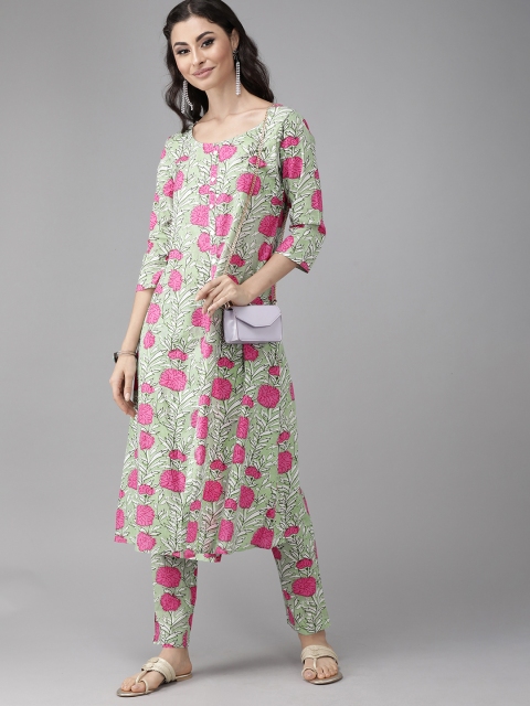 

Anouk Women Green & Pink Printed Kurta with Trousers