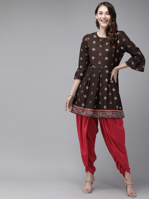 

Anouk Women Coffee Brown & Red Printed Kurta with Dhoti Pants