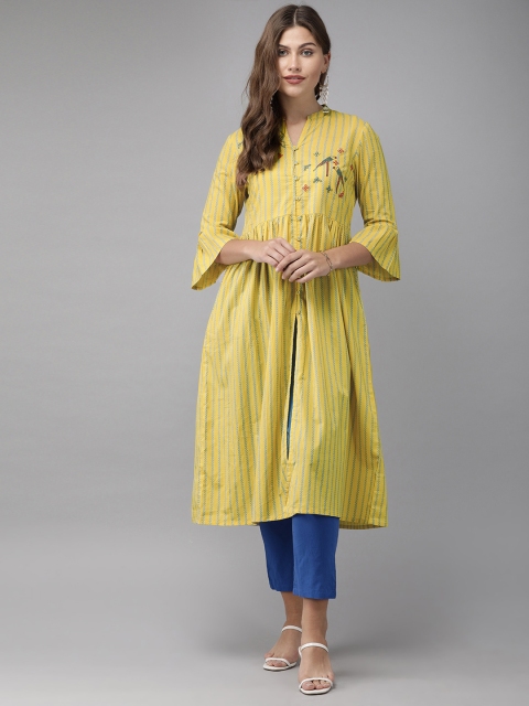 

Anouk Women Yellow & Blue Striped Kurta with Trousers