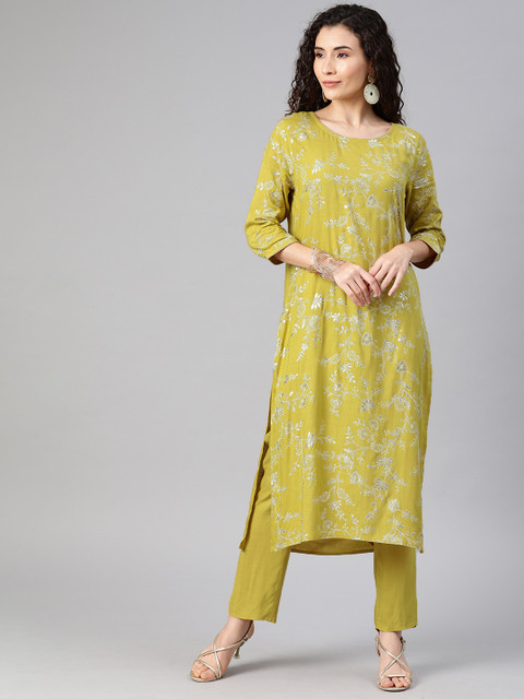 

Anouk Women Green & White Printed Kurta with Trousers