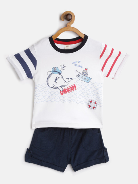 

TOFFY HOUSE Boys White & Navy Blue Nautical Print T-shirt with Shorts