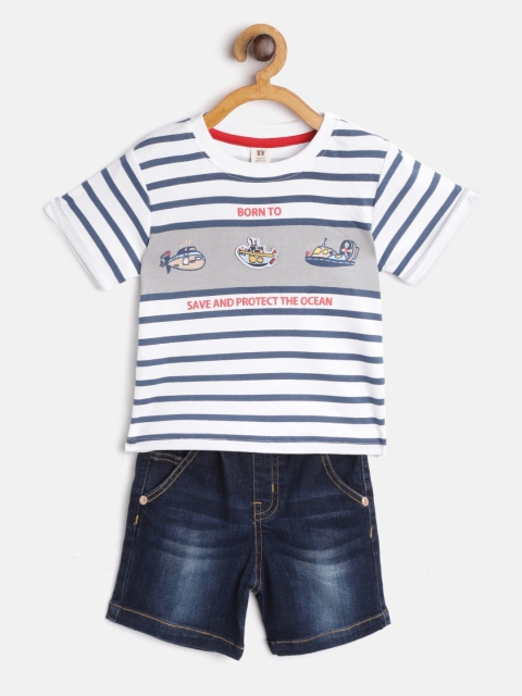 

TOFFY HOUSE Boys White & Navy Blue Striped T-shirt with Washed Denim Shorts