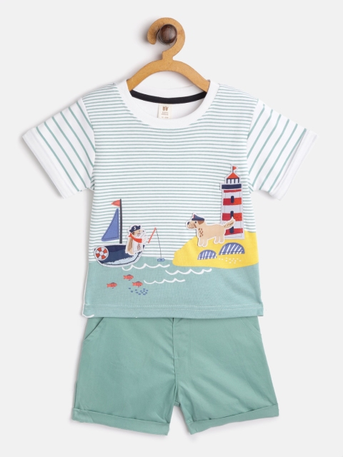 

TOFFY HOUSE Boys Green & White Striped T-shirt with Shorts