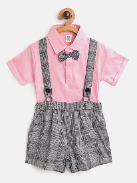 

TOFFY HOUSE Boys Pink & Black Solid T-shirt & Shorts With Attached Suspenders