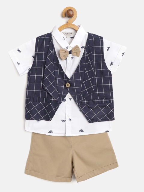 

TOFFY HOUSE Boys White & Beige Car Print Shirt & Solid Shorts with Self-Checked Waistcoat