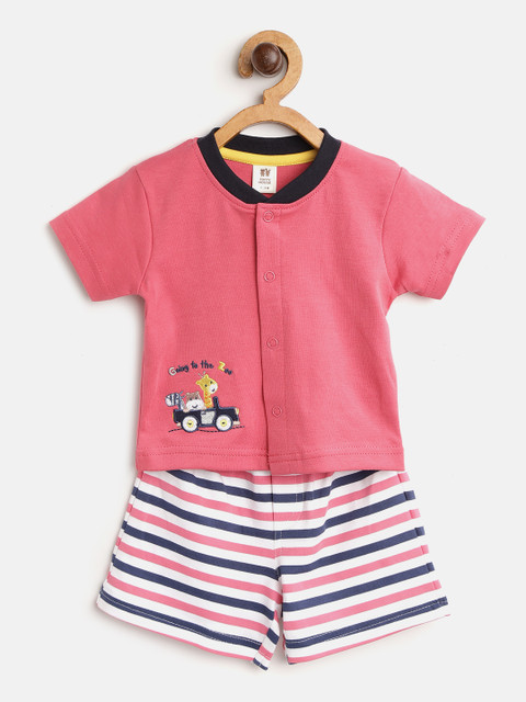 

TOFFY HOUSE Boys Pink & Navy Blue Solid Buttoned T-shirt with Shorts