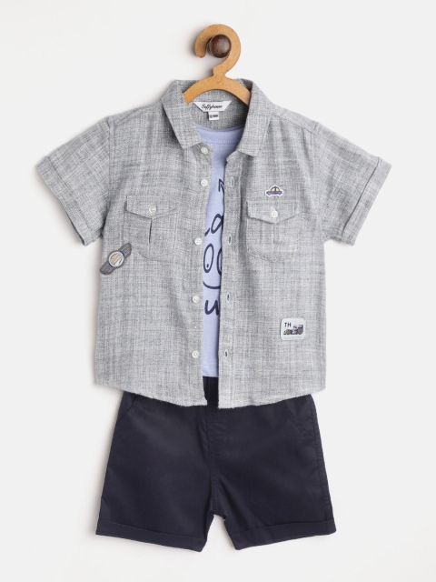 

TOFFY HOUSE Boys Lavender & Navy Blue Self-Checked Shirt with T-Shirt & Chino Shorts