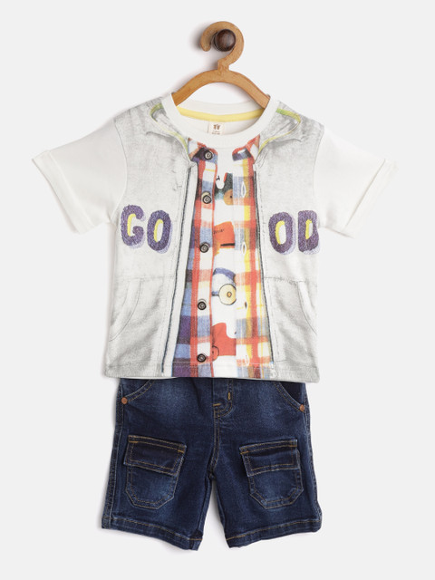 

TOFFY HOUSE Boys White & Navy Blue Layered Clothing Print T-shirt with Denim Shorts