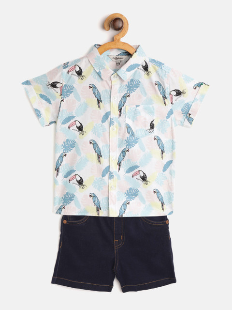 

TOFFY HOUSE Boys Green & Navy Blue Tropical Print Shirt with Denim Shorts