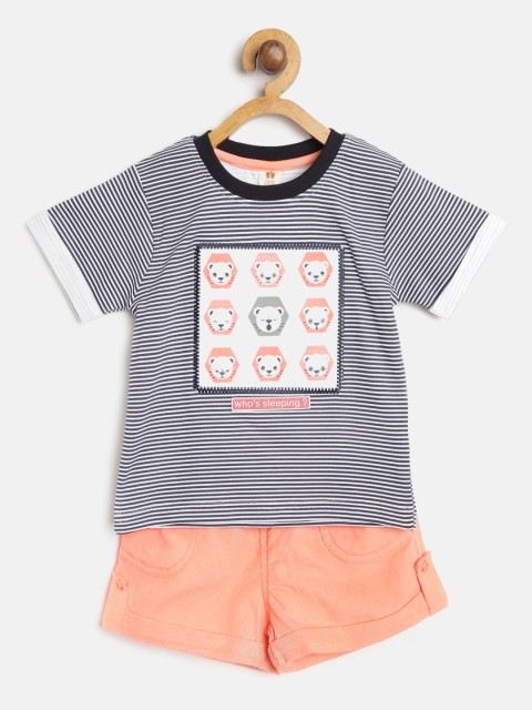 

TOFFY HOUSE Boys Navy Blue & Peach-Coloured Striped T-shirt with Corduroy Shorts