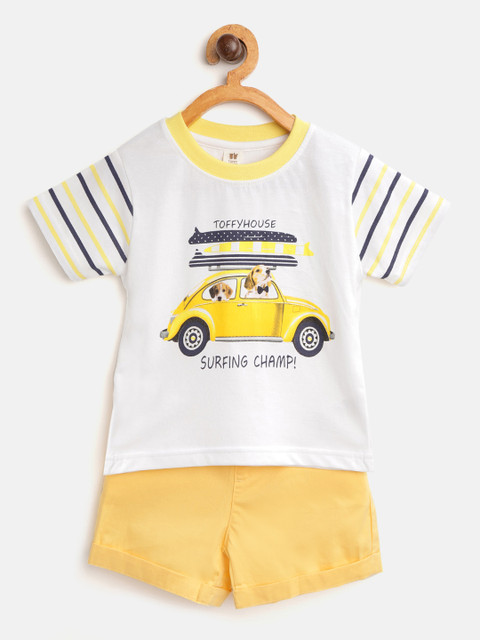 

TOFFY HOUSE Boys White & Yellow Car Print T-shirt with Shorts