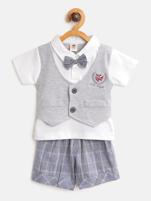 

TOFFY HOUSE Boys White & Navy Solid T-shirt with Checked Shorts