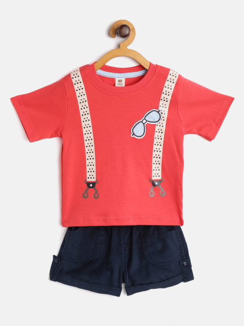 

TOFFY HOUSE Boys Coral Red & Navy Blue Suspenders Print T-shirt with Corduroy Shorts