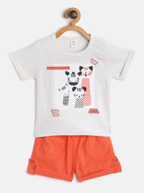 

TOFFY HOUSE Boys Grey Melange & Coral Orange Printed Applique T-shirt & Corduroy Shorts
