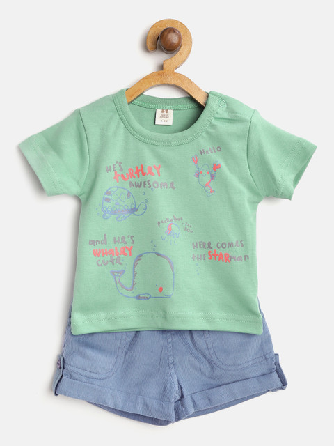 

TOFFY HOUSE Boys Green & Blue Sea Creatures Print T-shirt with Corduroy Shorts