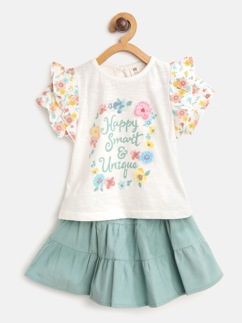 

TOFFY HOUSE Girls White & Sea Green Printed Top with Corduroy Skirt