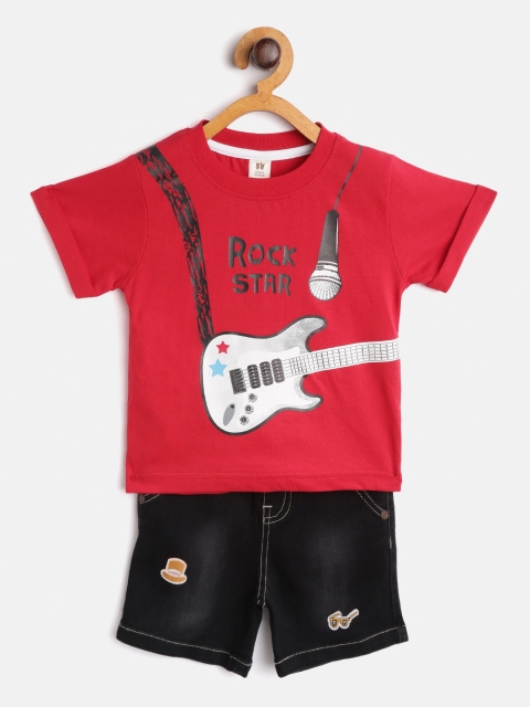 

TOFFY HOUSE Boys Red & Black Guitar Print T-shirt with Washed Denim Shorts