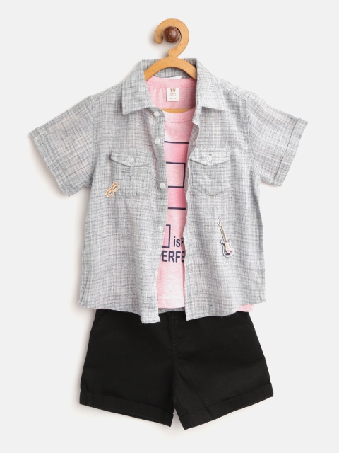 

TOFFY HOUSE Boys Blue & Black Self-Checked Shirt with T-Shirt & Chino Shorts