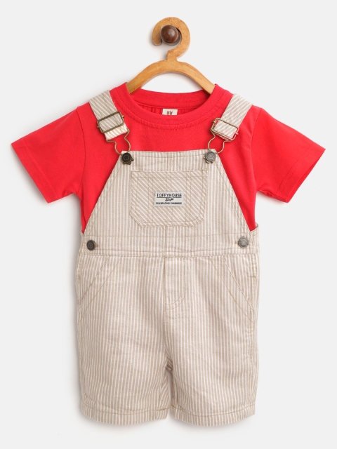 

TOFFY HOUSE Boys Red & Beige Solid T-shirt with Striped Dungarees